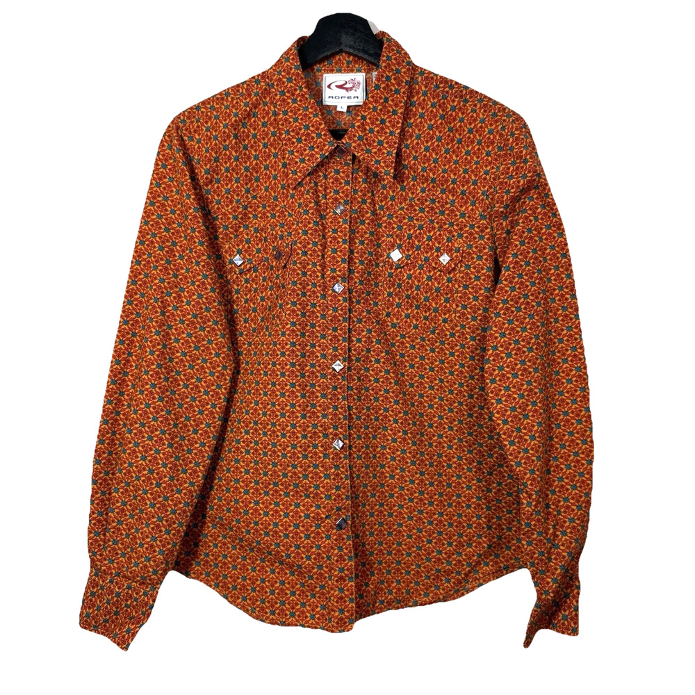 Roper Orange Red Blue Western Shirt Pearl Snaps Diamond Jrs Large Rodeo Cowgirl